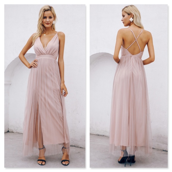 Pastel Pink Mesh Overlay High Slit Cami Dress - Picture 4 of 8